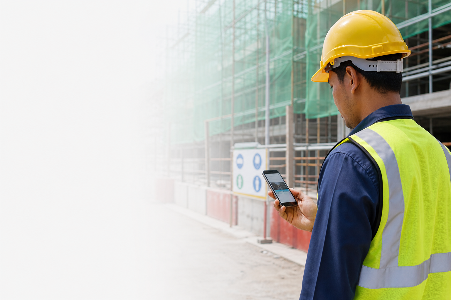 Construction worker using an online safety training app on a phone
